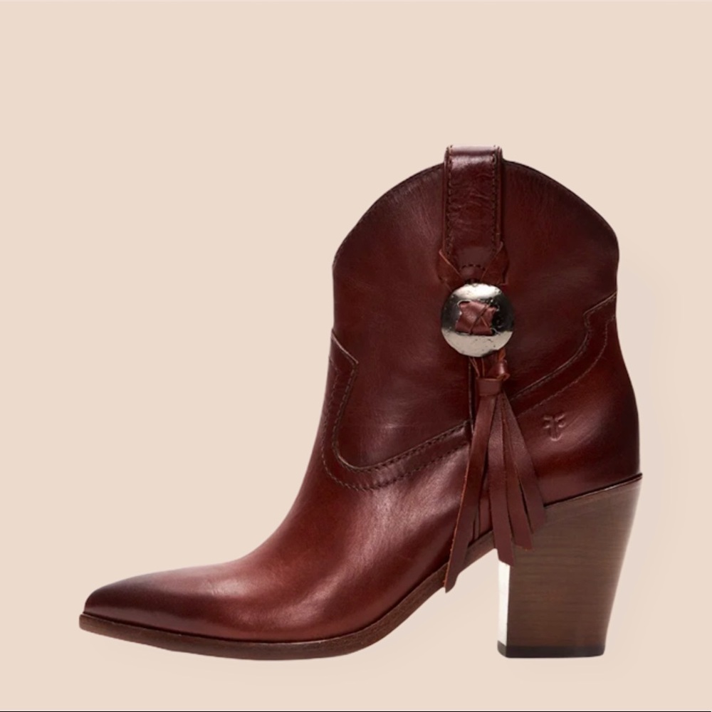 $388 Frye Faye Concho Brown Redwood Fringe Western Cowboy Festival Ankle Boots